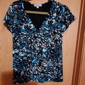 Aqua blue, black and white top